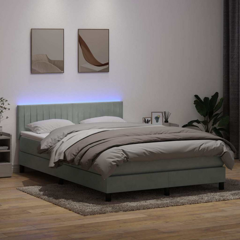 Łóżko kontynentalne z materacem i LED, jasnoszare, 140x210cm, aksamit