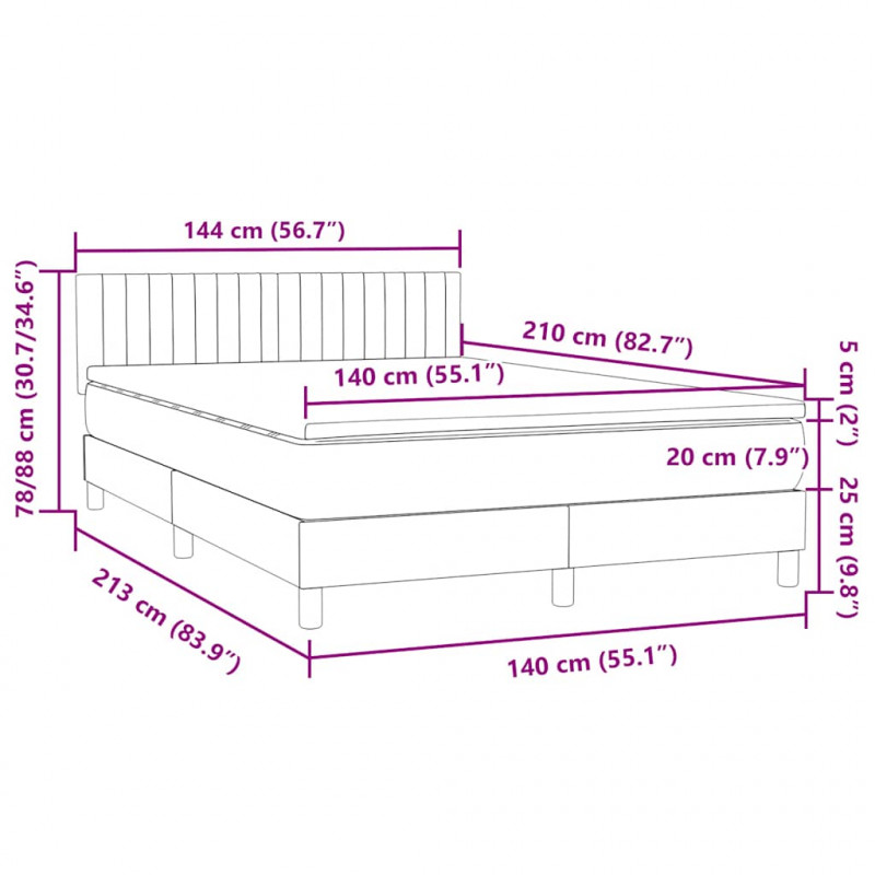 Łóżko kontynentalne z materacem i LED, jasnoszare, 140x210cm, aksamit