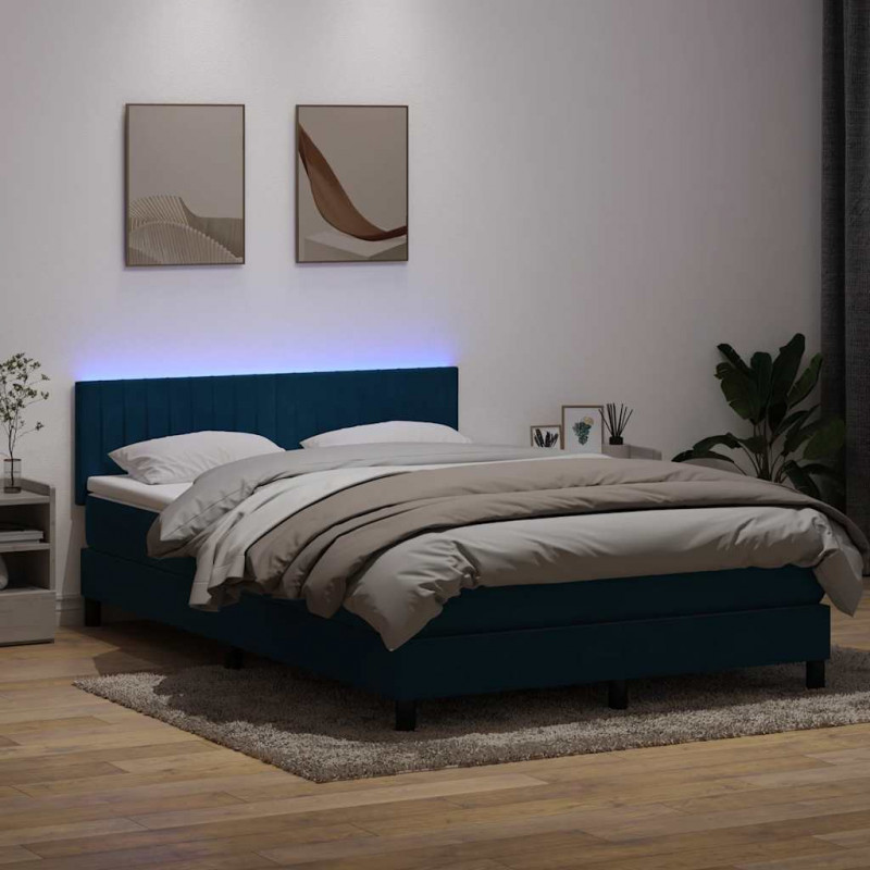Łóżko kontynentalne z materacem i LED, niebieskie, aksamit, 160x210cm