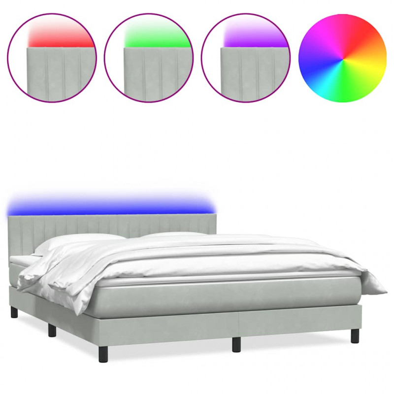 Łóżko kontynentalne z materacem i LED, jasnoszare, 180x210cm, aksamit