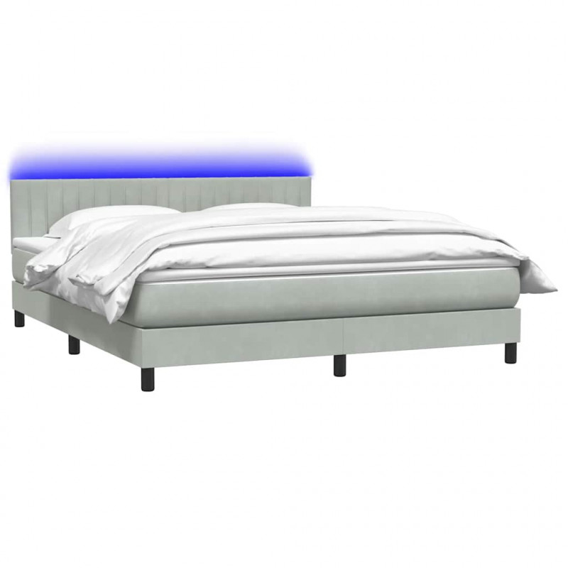 Łóżko kontynentalne z materacem i LED, jasnoszare, 180x210cm, aksamit