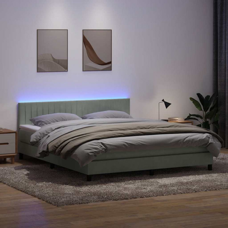 Łóżko kontynentalne z materacem i LED, jasnoszare, 180x210cm, aksamit