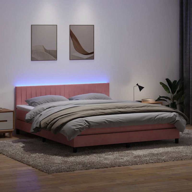Łóżko kontynentalne z materacem i LED, różowe, 180x210 cm, aksamit