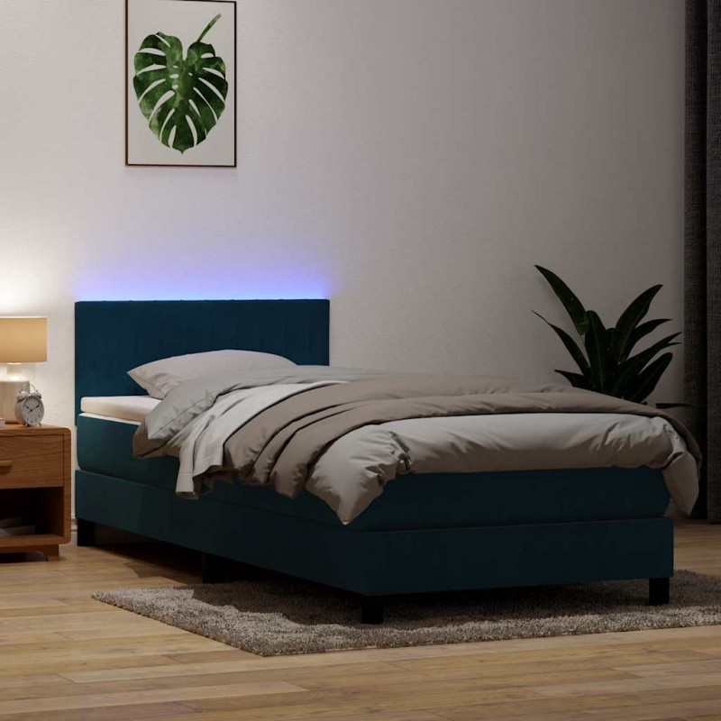 Łóżko kontynentalne z materacem i LED, niebieskie, aksamit, 80x220 cm