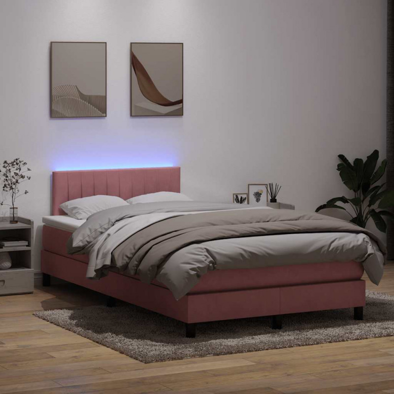 Łóżko kontynentalne z materacem i LED, różowe, 120x220 cm, aksamit