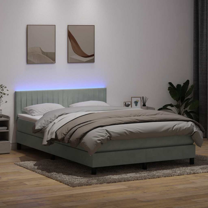 Łóżko kontynentalne z materacem i LED, jasnoszare, 140x220cm, aksamit