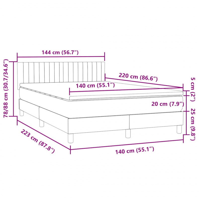 Łóżko kontynentalne z materacem i LED, jasnoszare, 140x220cm, aksamit