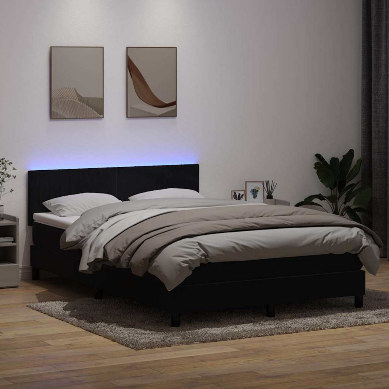 Łóżko kontynentalne z materacem i LED, czarne, 140x220 cm, aksamit