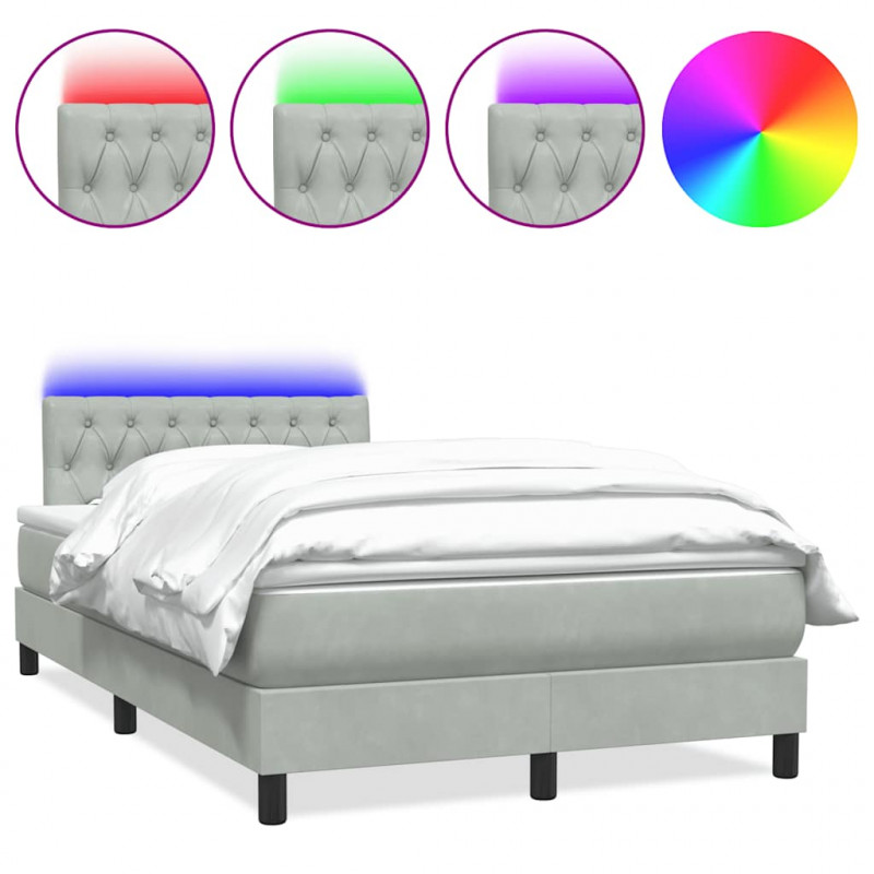 Łóżko kontynentalne z materacem i LED, jasnoszare, 120x210cm, aksamit
