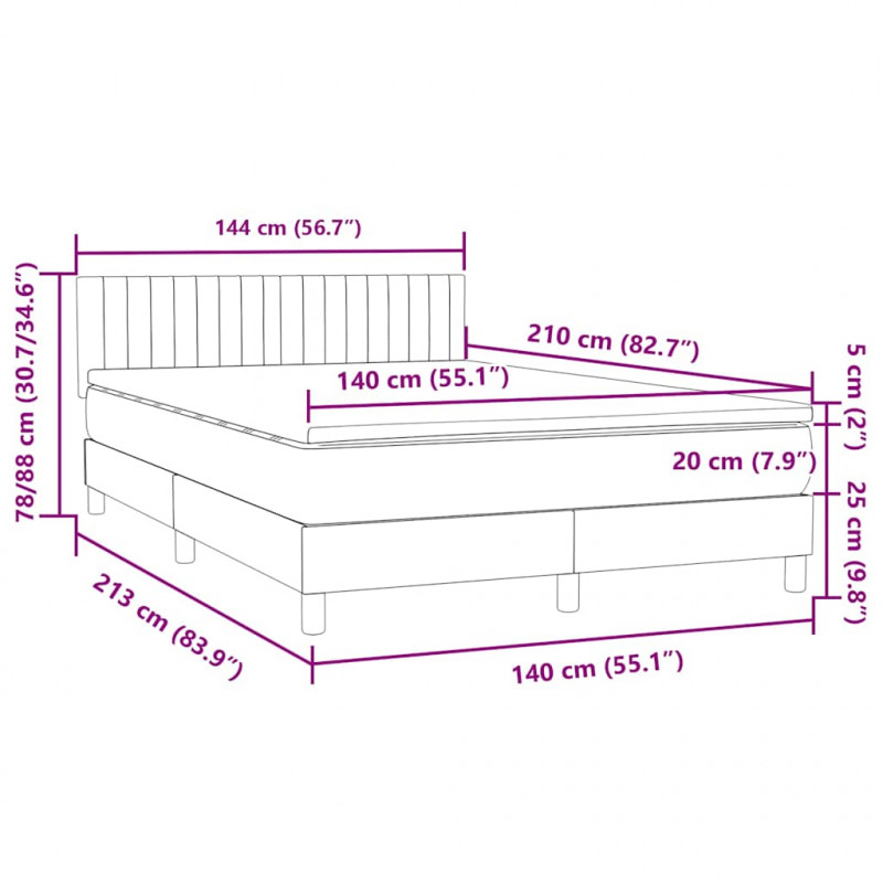 Łóżko kontynentalne z materacem i LED, jasnoszare, 140x210cm, aksamit