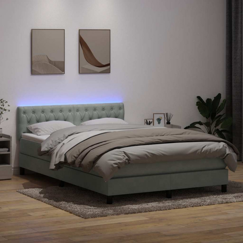 Łóżko kontynentalne z materacem i LED, jasnoszare, 160x210cm, aksamit