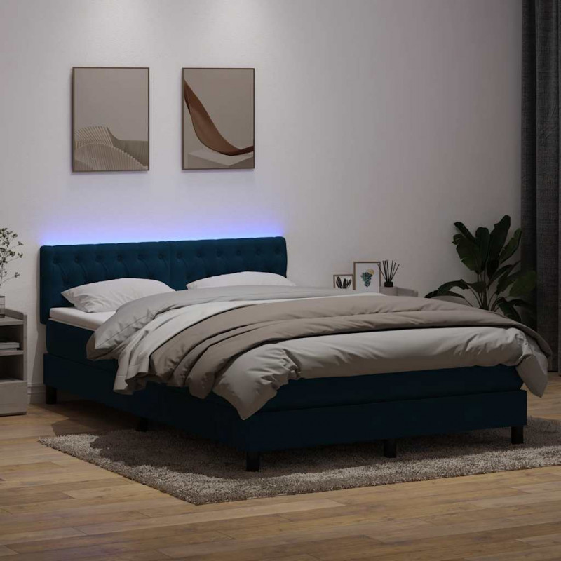 Łóżko kontynentalne z materacem i LED, niebieskie, aksamit, 160x210cm