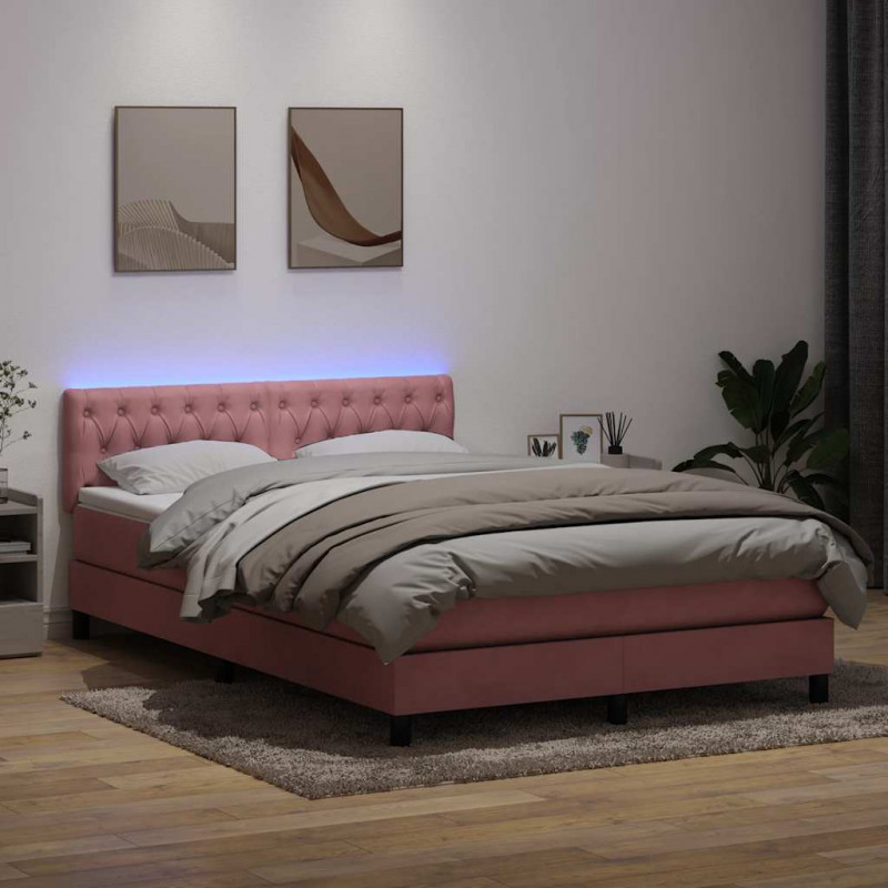 Łóżko kontynentalne z materacem i LED, różowe, 160x210 cm, aksamit