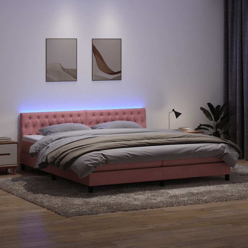 Łóżko kontynentalne z materacem i LED, różowe, 180x210 cm, aksamit