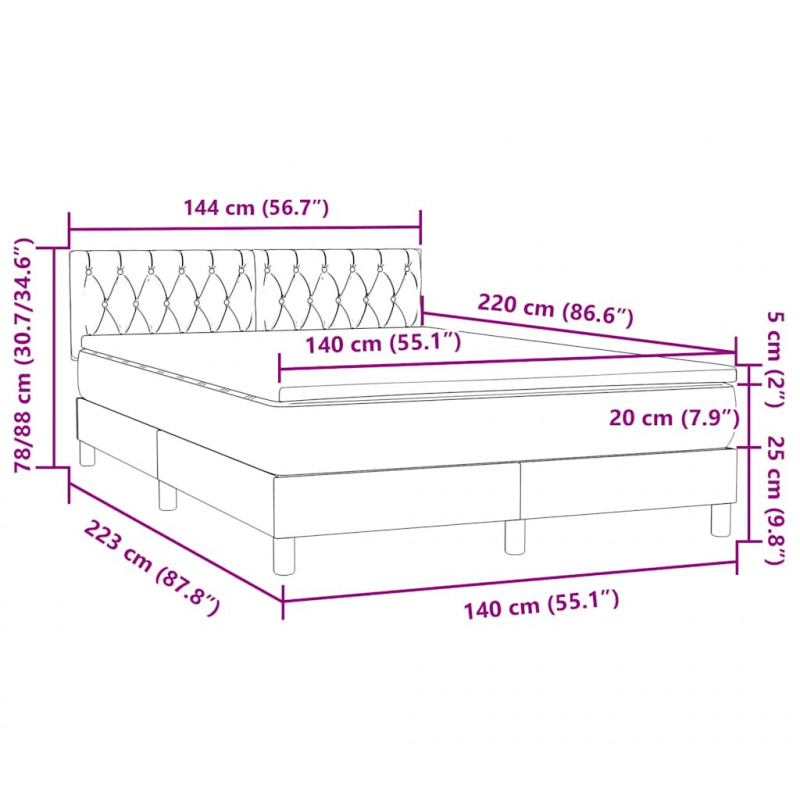 Łóżko kontynentalne z materacem i LED, czarne, 140x220 cm, aksamit