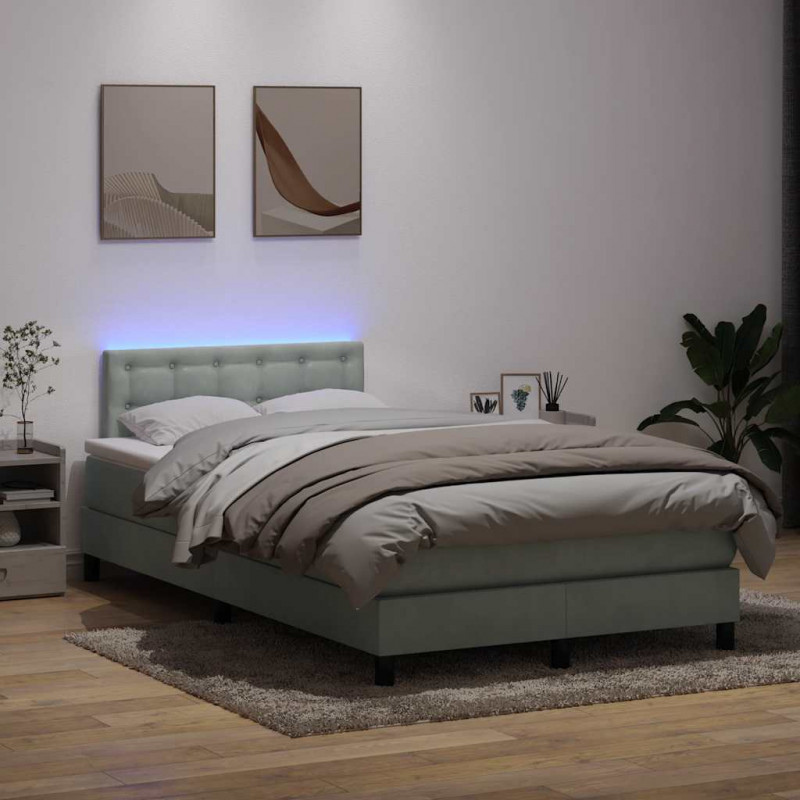 Łóżko kontynentalne z materacem i LED, jasnoszare, 120x210cm, aksamit