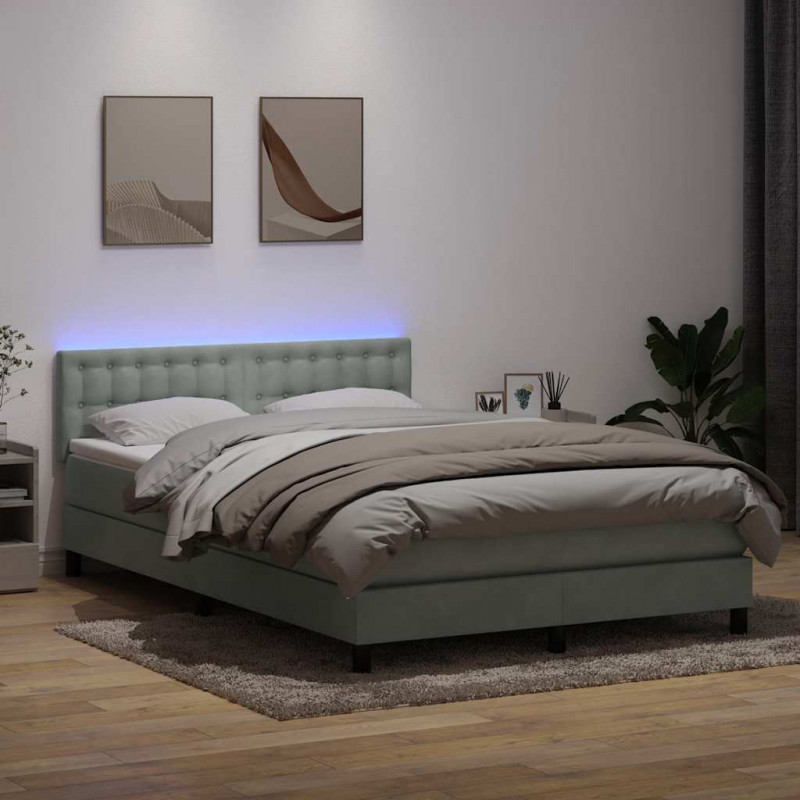 Łóżko kontynentalne z materacem i LED, jasnoszare, 160x210cm, aksamit