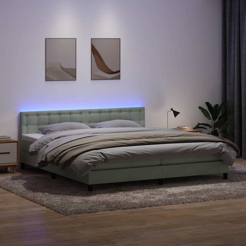 Łóżko kontynentalne z materacem i LED, jasnoszare, 180x210cm, aksamit