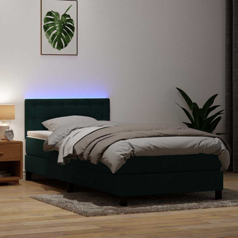 Łóżko kontynentalne z materacem i LED ciemnozielony aksamit 80x220 cm