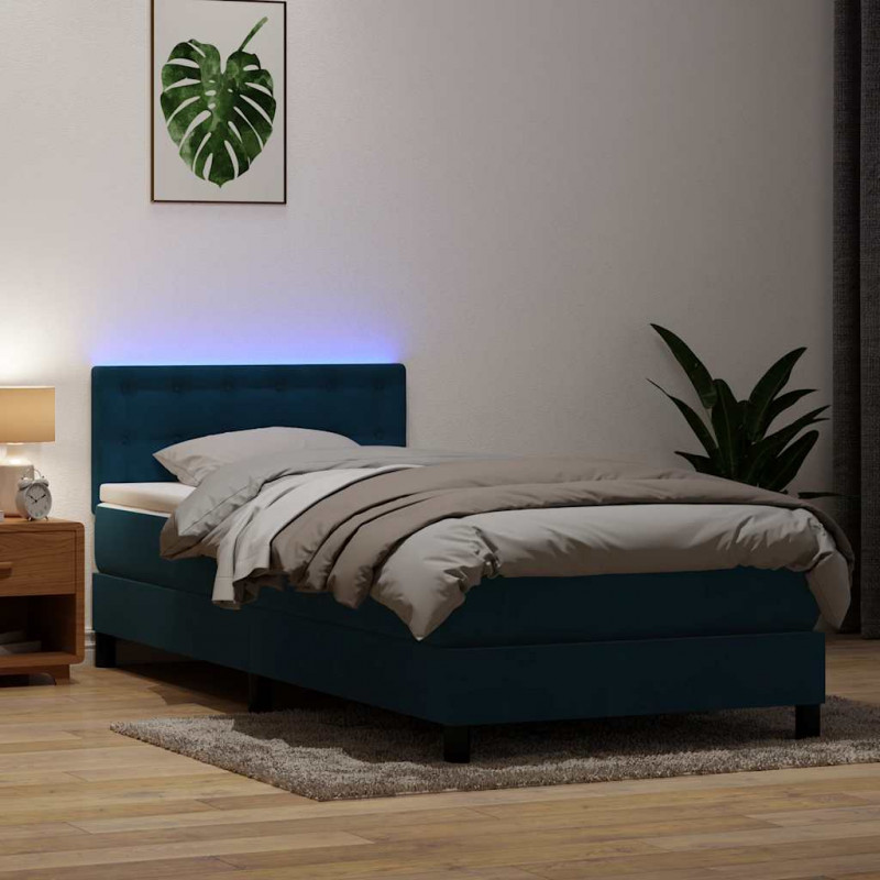 Łóżko kontynentalne z materacem i LED, niebieskie, aksamit, 80x220 cm