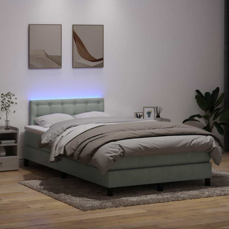 Łóżko kontynentalne z materacem i LED, jasnoszare, 120x220cm, aksamit