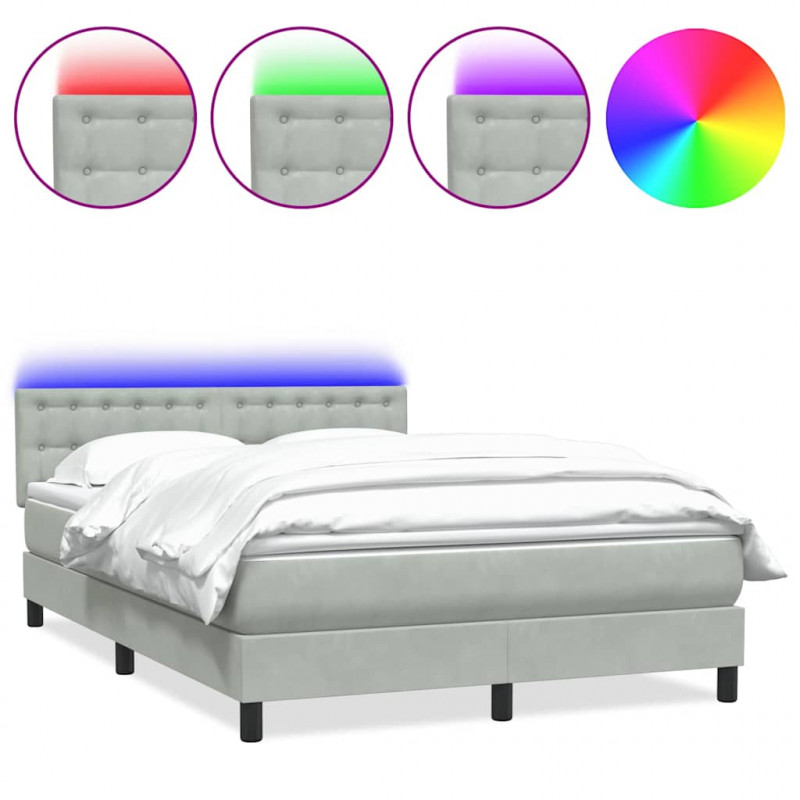 Łóżko kontynentalne z materacem i LED, jasnoszare, 140x220cm, aksamit