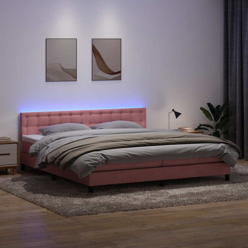 Łóżko kontynentalne z materacem i LED różowe 180x220 cm aksamitne