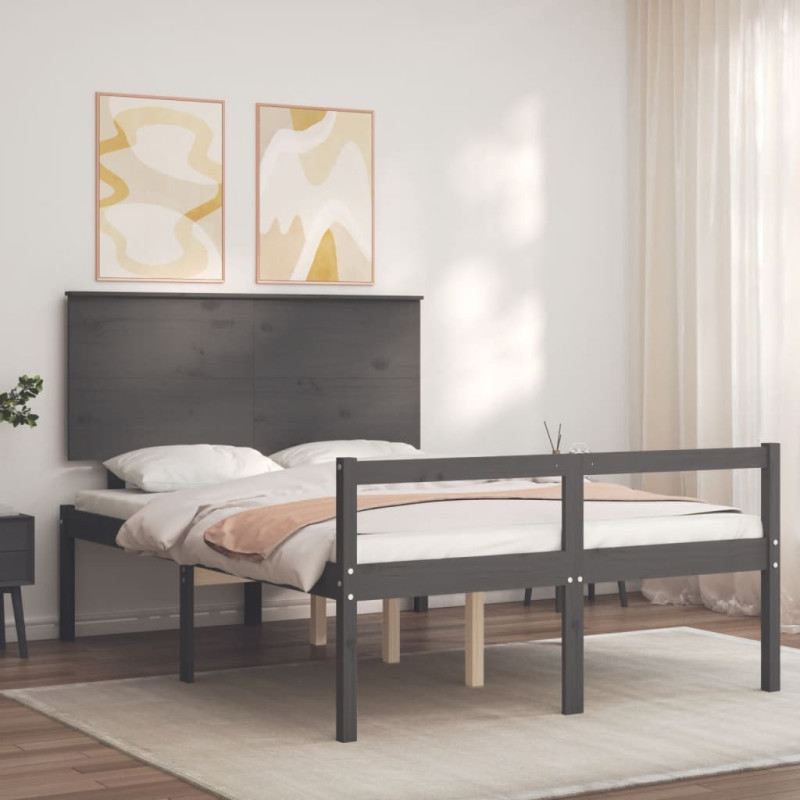 Łóżko dla seniora, z wezgłowiem, szare, 120x200 cm, lite drewno