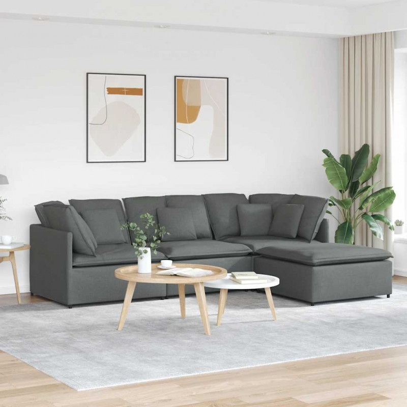Sofa modułowa z podnóżkiem i poduszkami Tkanina Ciemnoszara