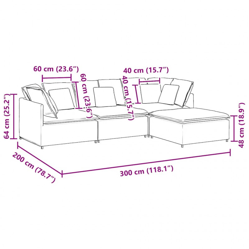 Sofa modułowa z podnóżkiem i poduszkami Tkanina Ciemnoszara