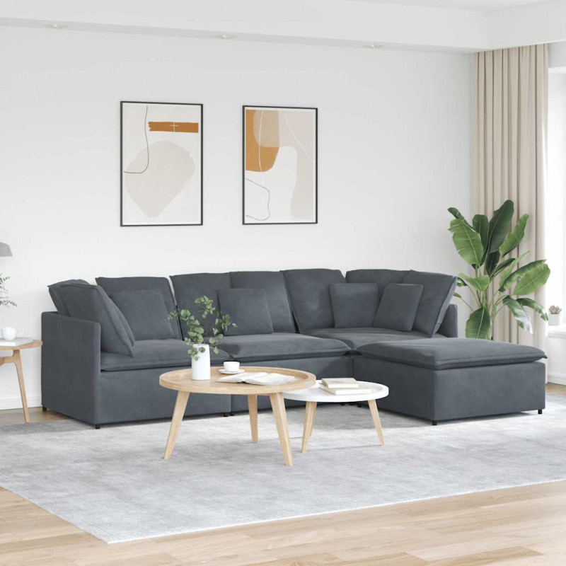 Sofa modułowa z podnóżkiem i poduszkami aksamitna ciemnoszara