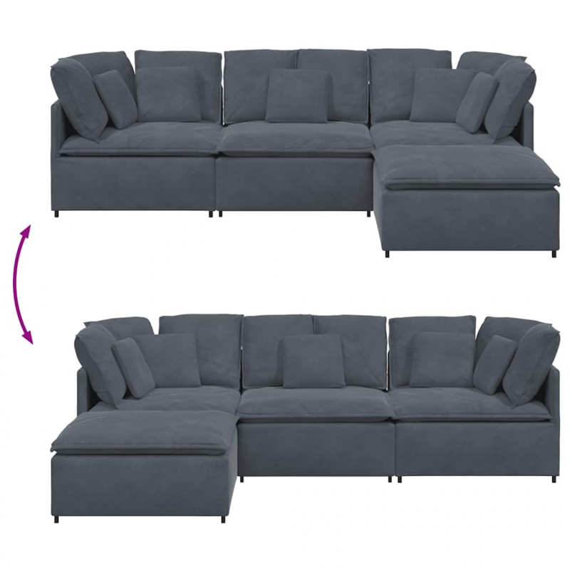 Sofa modułowa z podnóżkiem i poduszkami aksamitna ciemnoszara