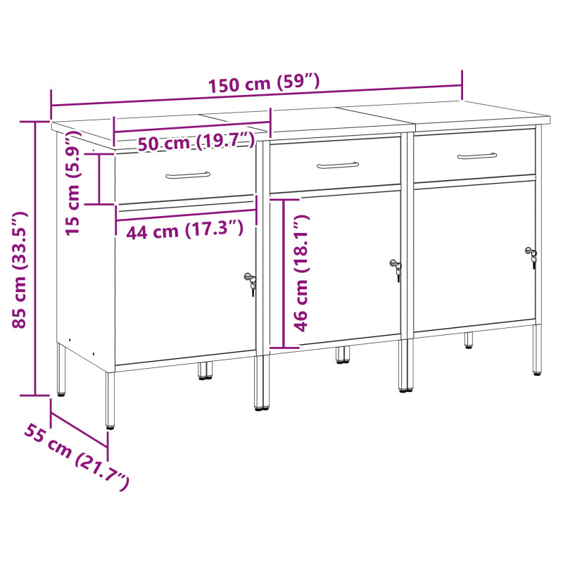 Szafka robocza 3 pcs Czerwony i Szary 150 x 55 x 85 cm