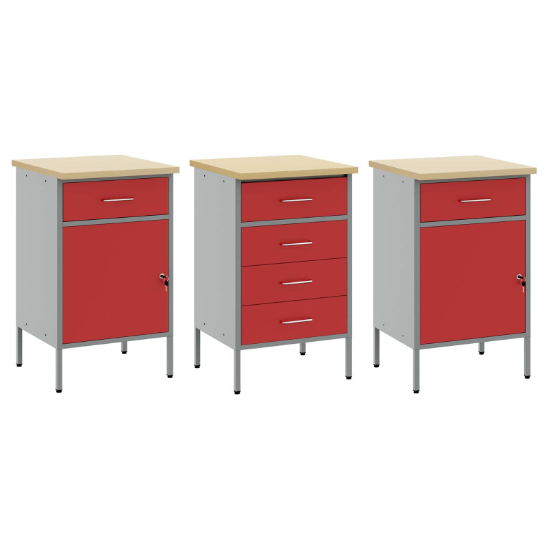 Szafka robocza z kołem 3 pcs Czerwony i Szary 75 x 45 x 85 cm