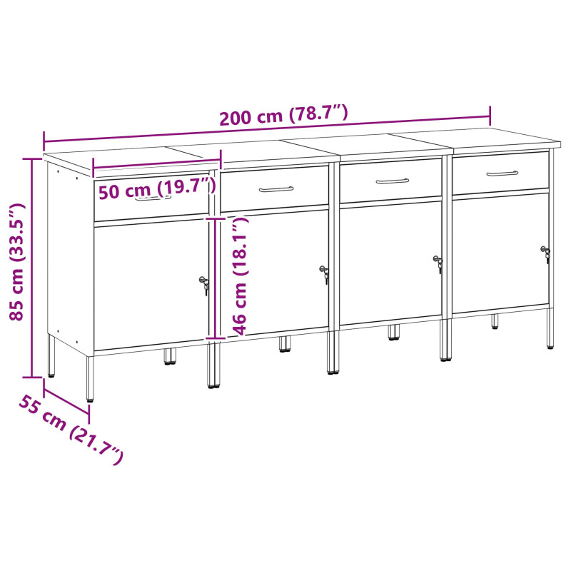 Szafka robocza 4 pcs Czerwony i Szary 200 x 55 x 85 cm