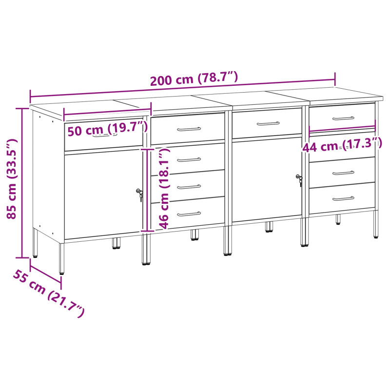 Szafka robocza z szufladą 4 pcs Czarny i szary 200 x 55 x 85 cm