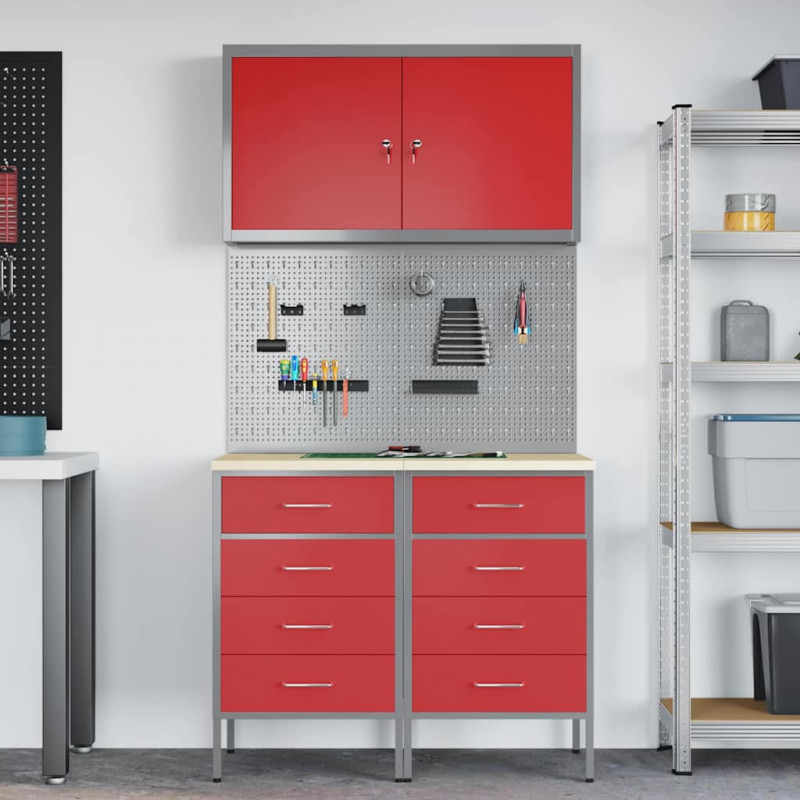 Szafka robocza 5 pcs Czerwony Drewno inżynieryjne i stal