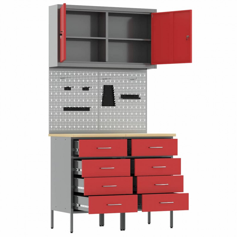Szafka robocza 5 pcs Czerwony Drewno inżynieryjne i stal
