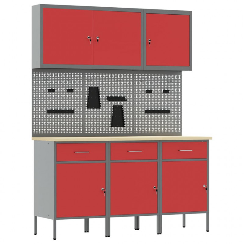 Szafka robocza 8 pcs Czerwony Drewno inżynieryjne i stal