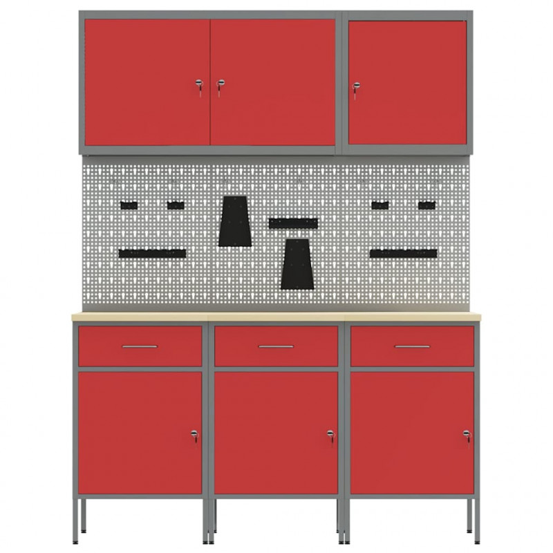 Szafka robocza 8 pcs Czerwony Drewno inżynieryjne i stal