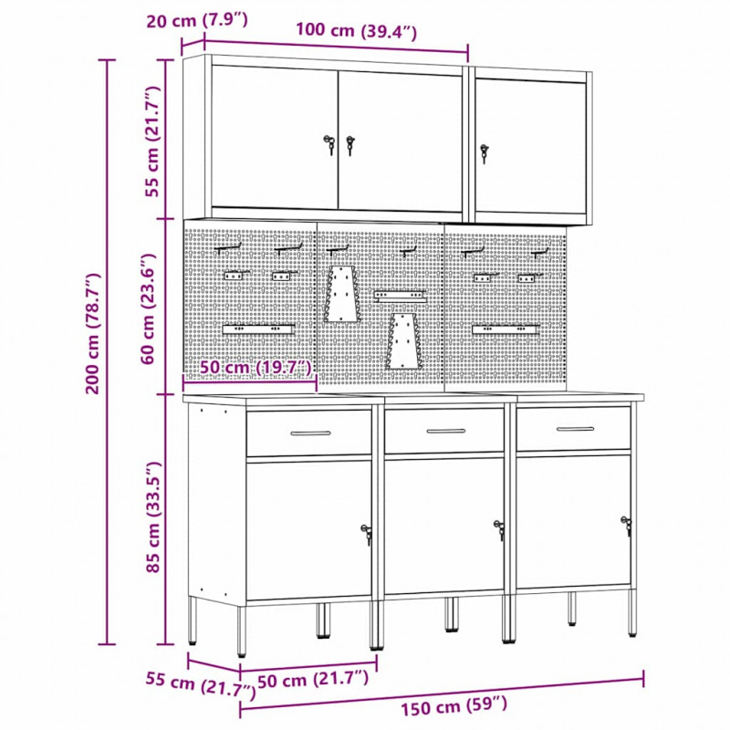 Szafka robocza 8 pcs Czerwony Drewno inżynieryjne i stal
