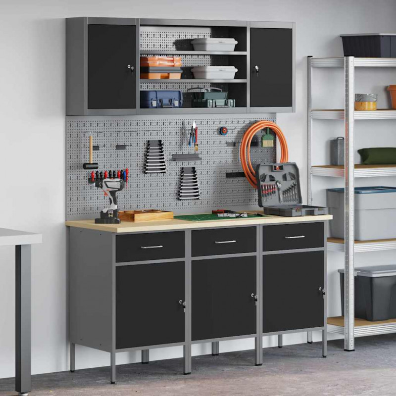 Szafka robocza z półką 7 pcs Czarny Drewno inżynieryjne i stal