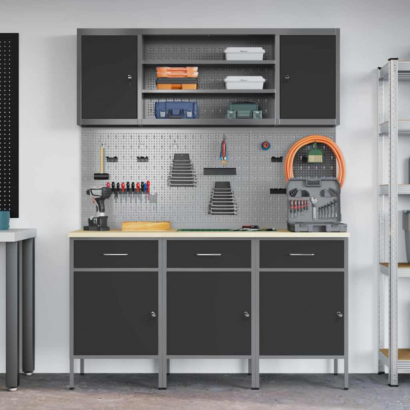 Szafka robocza z półką 7 pcs Czarny Drewno inżynieryjne i stal