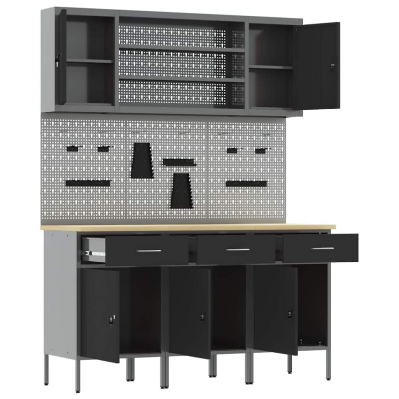 Szafka robocza z półką 7 pcs Czarny Drewno inżynieryjne i stal