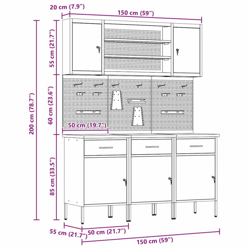 Szafka robocza 7 pcs Czerwony Drewno inżynieryjne i stal