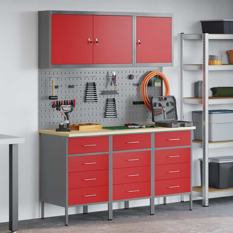 Szafka robocza 8 pcs Czerwony Drewno inżynieryjne i stal