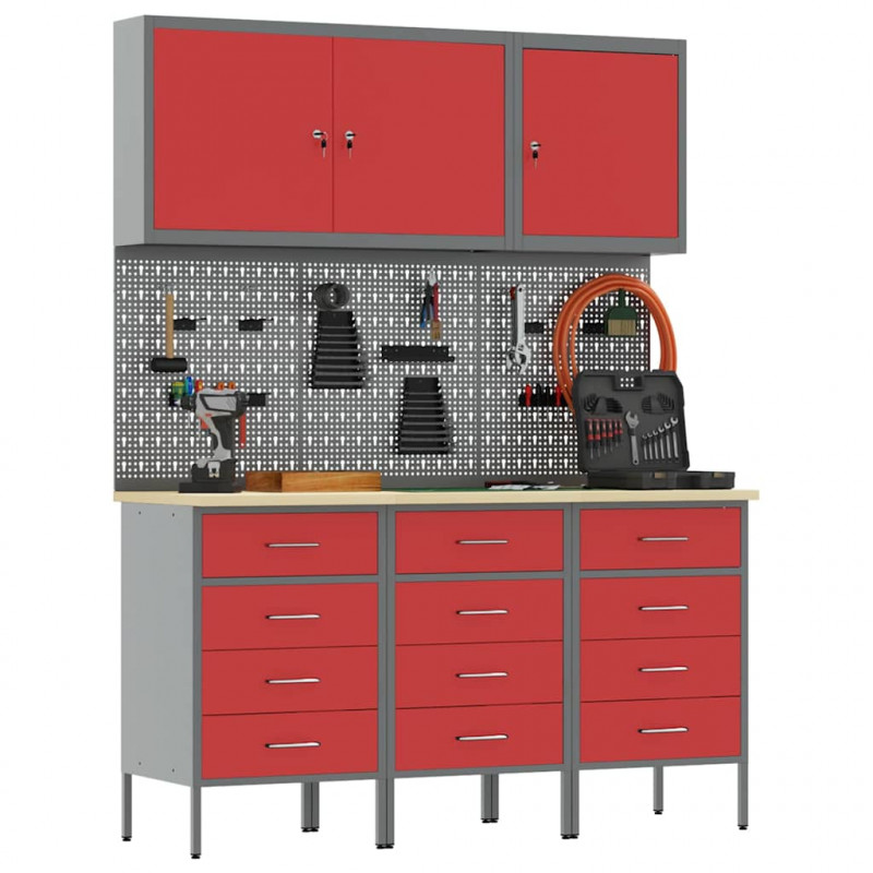 Szafka robocza 8 pcs Czerwony Drewno inżynieryjne i stal