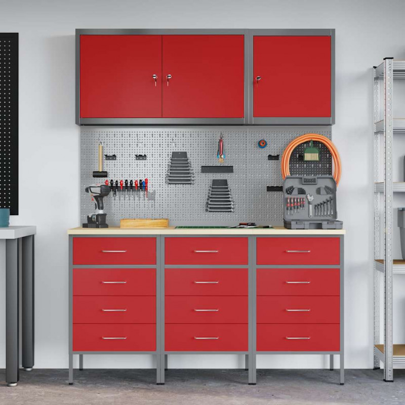 Szafka robocza 8 pcs Czerwony Drewno inżynieryjne i stal