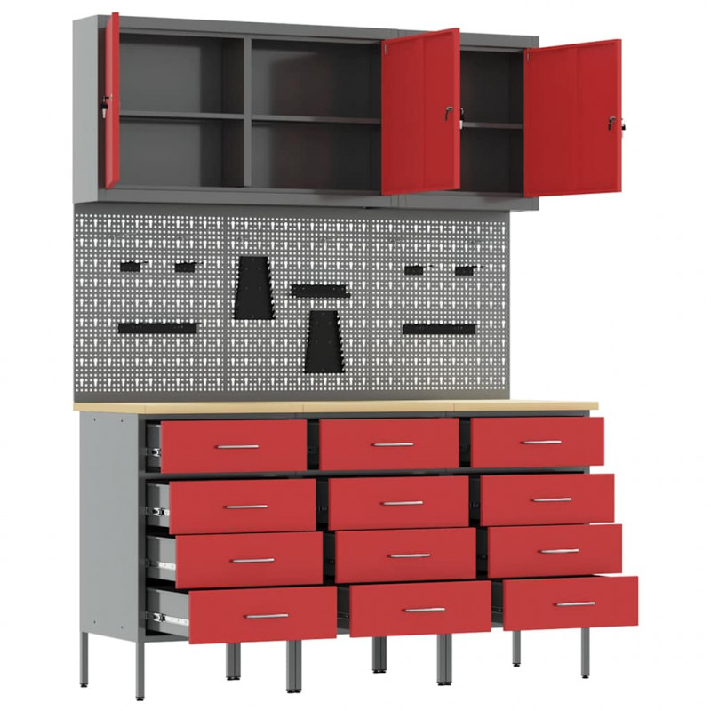 Szafka robocza 8 pcs Czerwony Drewno inżynieryjne i stal