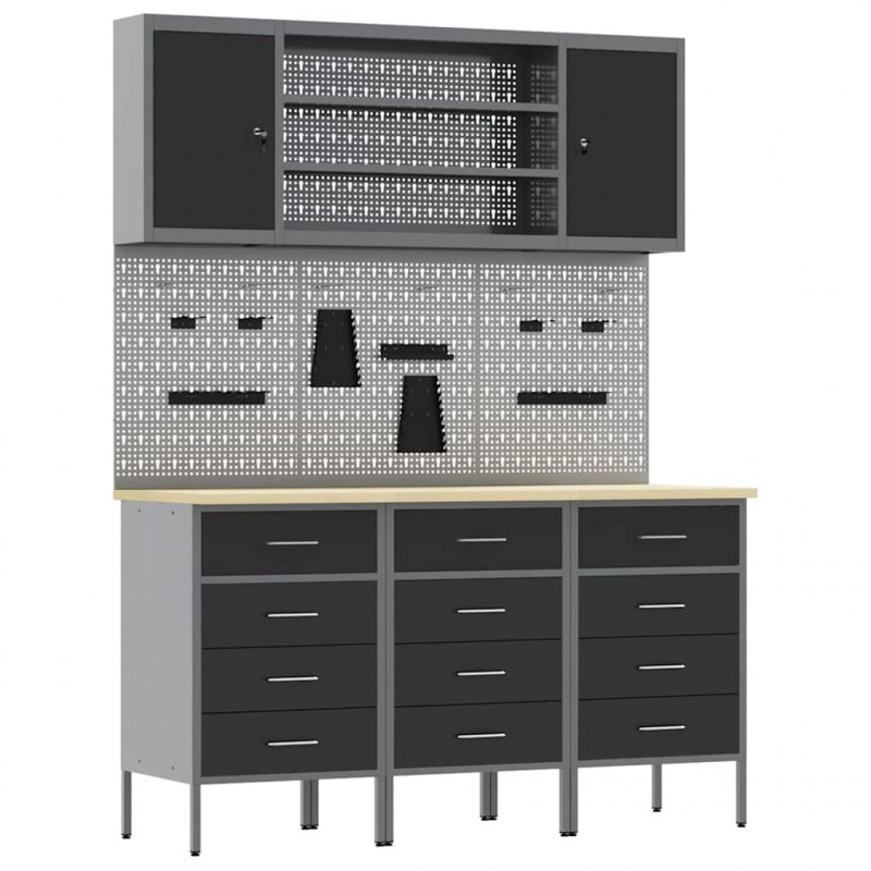 Szafka robocza z półką 7 pcs Czarny Drewno inżynieryjne i stal